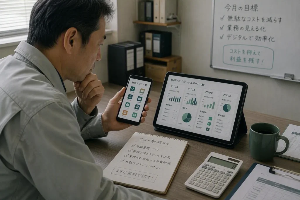 スマートフォンで無料アプリ一覧を確認する担当者