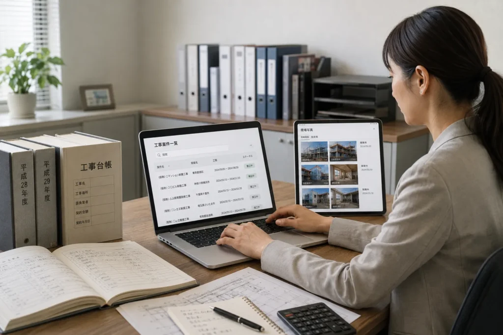 工事案件一覧と現場写真をPCとタブレットで確認する担当者