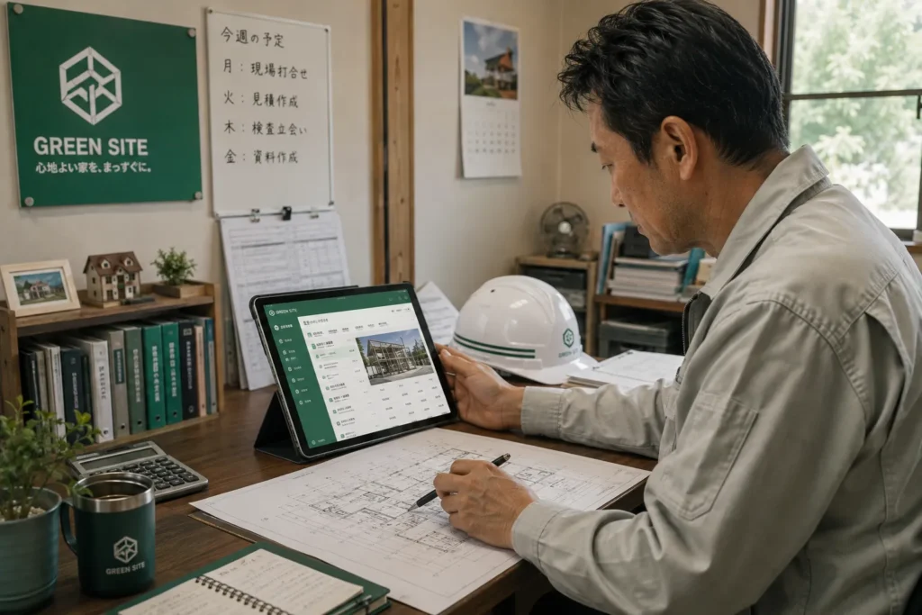 GREEN SITEアプリのタブレットを操作する工務店の担当者