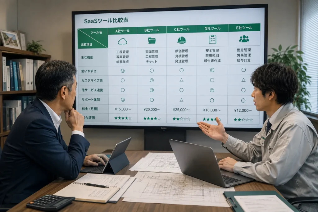 SaaSツール比較表を見ながら議論する2名