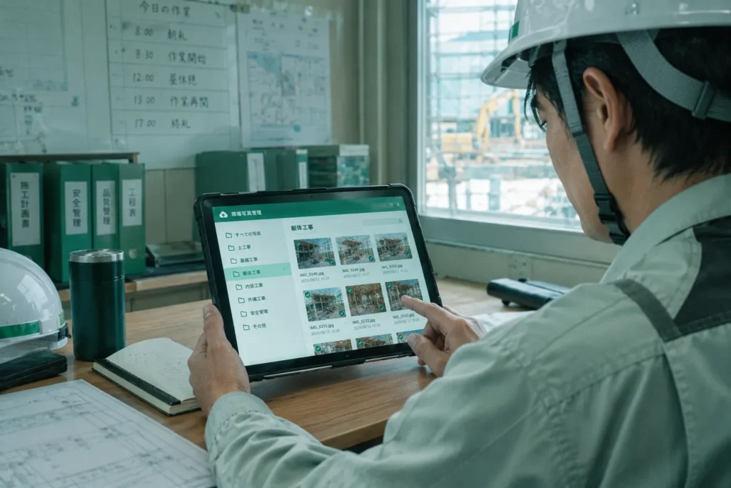 工種別フォルダで現場写真を管理するタブレット画面