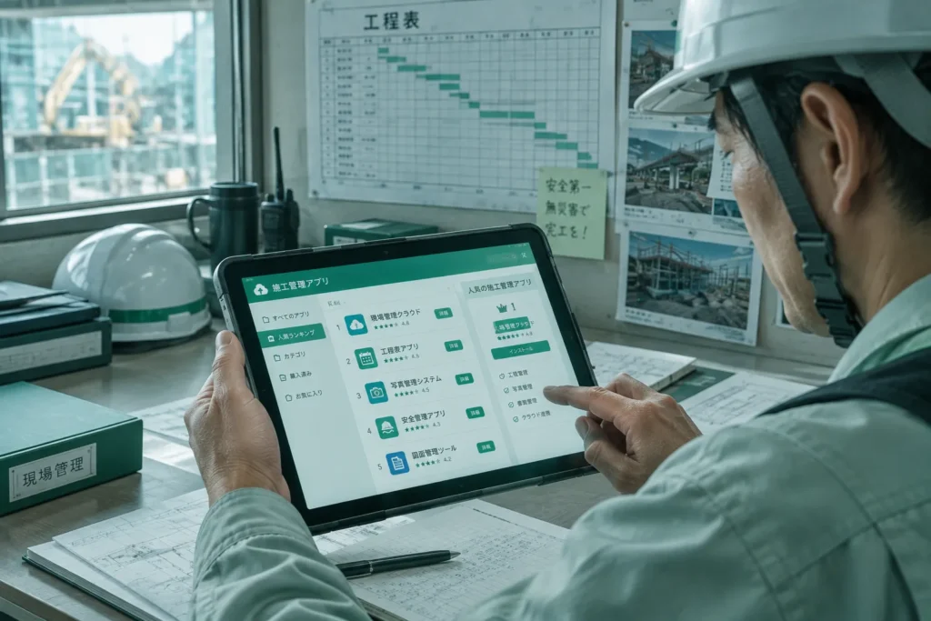 施工管理アプリの人気ランキングを確認するタブレット画面