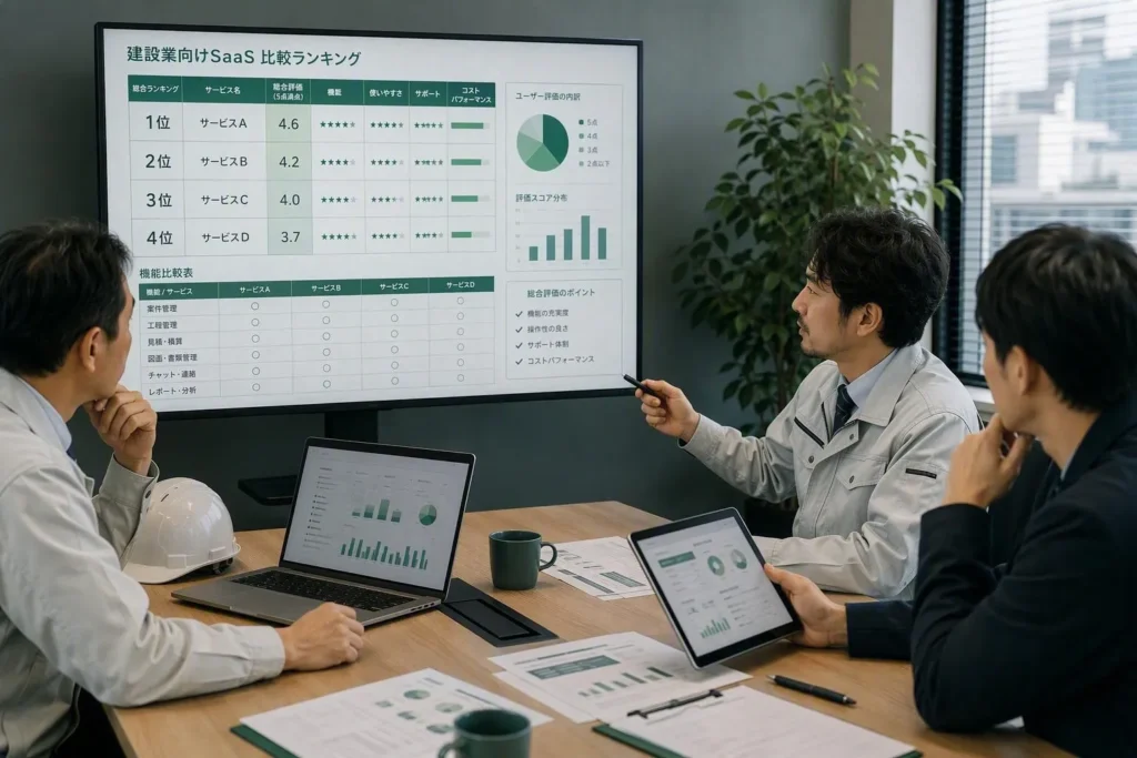 会議室でSaaS比較ランキング表を確認するメンバー