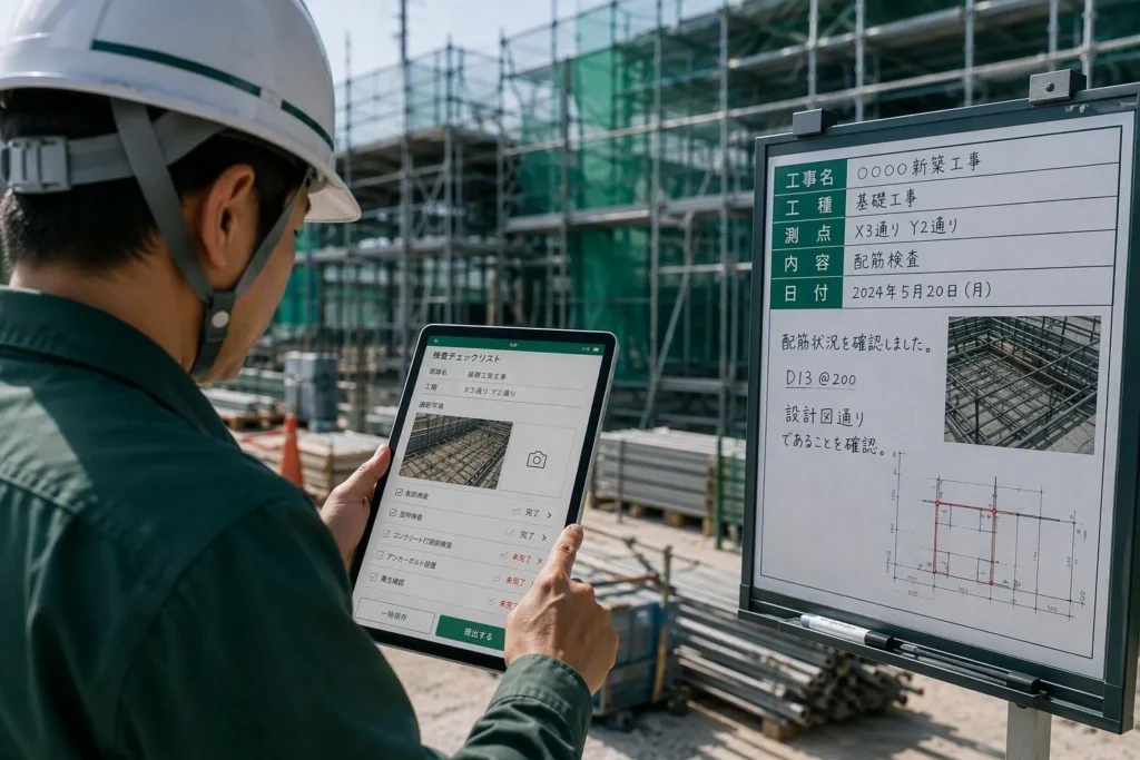 現場でタブレットの検査チェックリストを操作する作業員