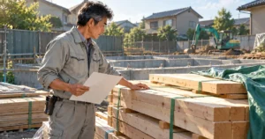 着工前の住宅建設現場で、工務店の経営者が注文書を手に搬入された木材を確認しているイメージ