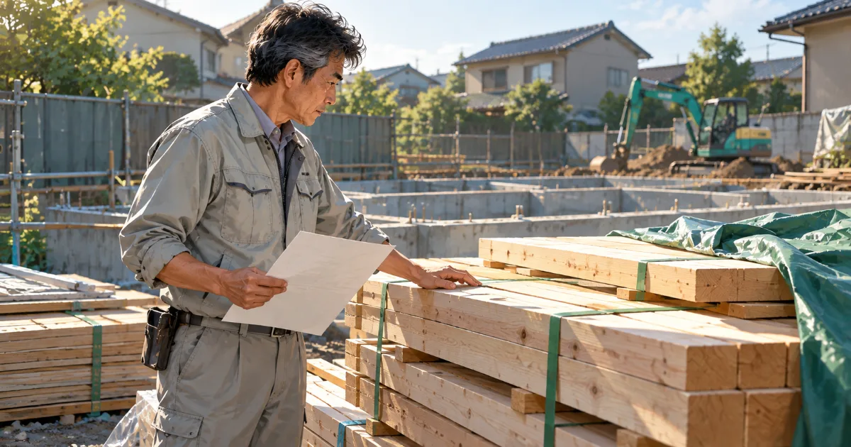 着工前の住宅建設現場で、工務店の経営者が注文書を手に搬入された木材を確認しているイメージ