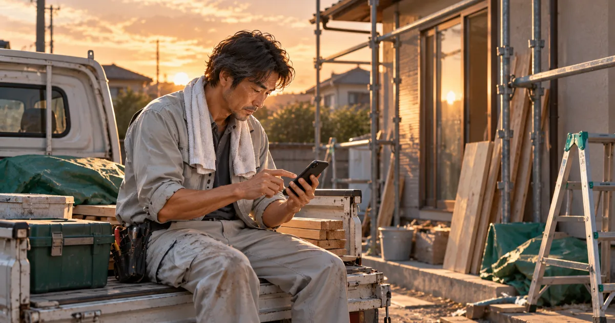 リフォーム現場の軽トラックに腰かけた一人親方が、スマートフォンで請求書を確認しているイメージ
