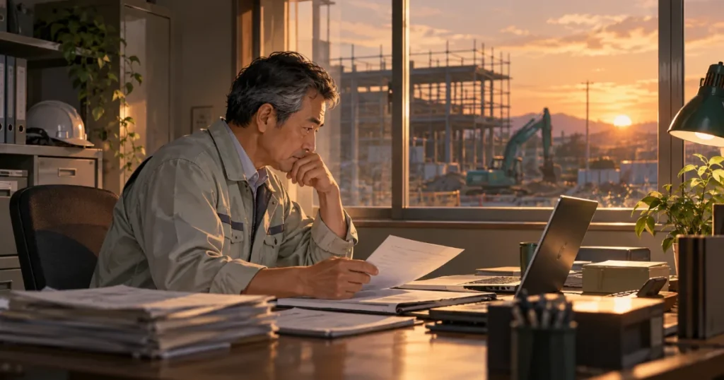 夕方の建設会社の事務所で、経営者が注文書とノートパソコンの資金繰り表を見比べているイメージ