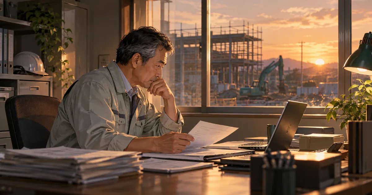 夕方の建設会社の事務所で、経営者が注文書とノートパソコンの資金繰り表を見比べているイメージ