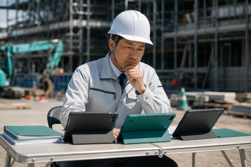 建設現場で複数のタブレットを並べて施工管理システムを比較検討するゼネコン現場監督