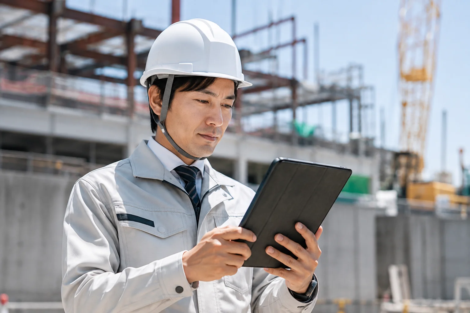ゼネコン現場監督が施工管理SaaSのダッシュボードをタブレットで確認している様子