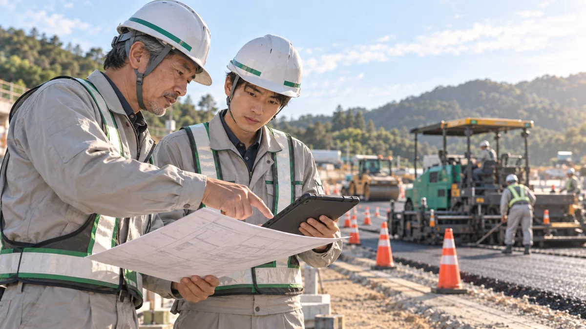 道路工事の現場でベテランの監理技術者が若手の技術者に図面を見せて指導しているイメージ