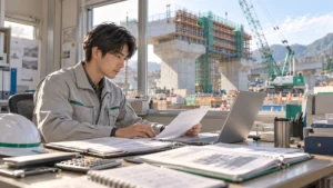 土木現場の事務所で若手の施工管理技術者が工事の契約書類を確認しながら経歴を入力しているイメージ
