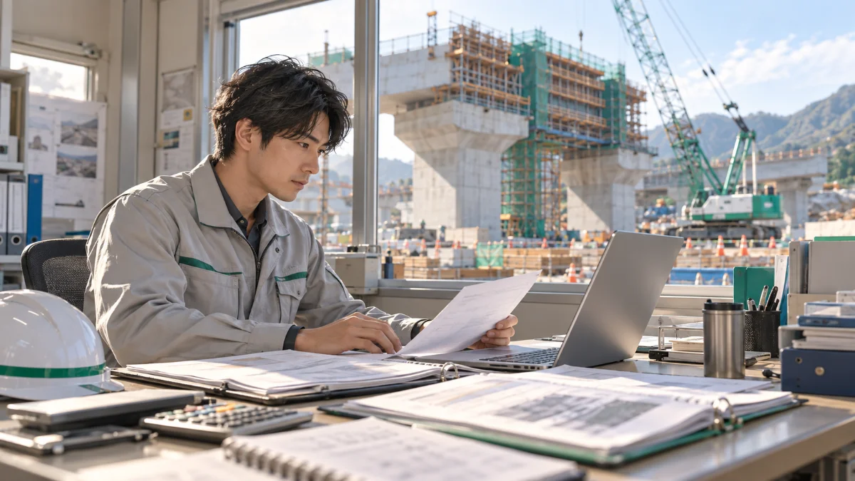 土木現場の事務所で若手の施工管理技術者が工事の契約書類を確認しながら経歴を入力しているイメージ