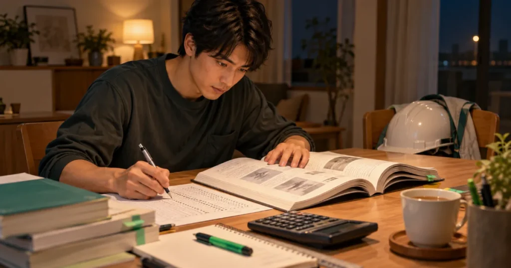 夜に自宅で過去問題集とマークシートを使って第一次検定の勉強をする土木技術者のイメージ