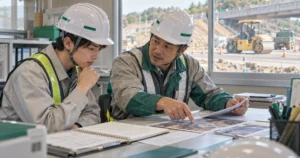 道路工事の現場事務所で、先輩の監督が若手に施工写真を見せながら記述の材料を説明しているイメージ